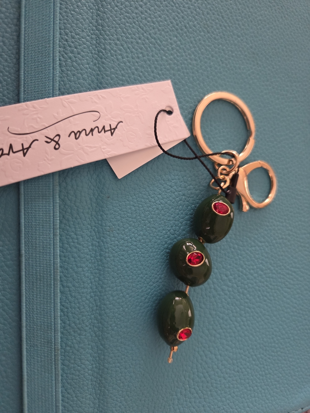 Anna & Ava Olive Green Bead Keychain with Red Crystal Accents